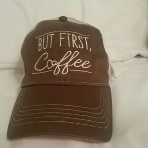 Brown Trucker Hat with 'But First, Coffee' Embroidery